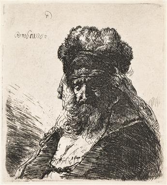 REMBRANDT VAN RIJN Old Bearded Man in a High Fur Cap, with Eyes Closed.                                                                          